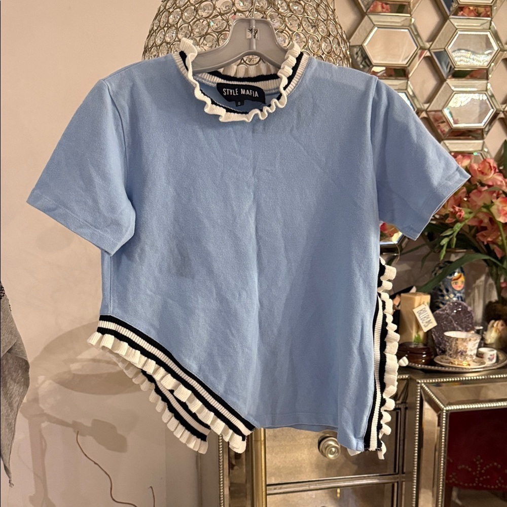 Style Mafia Light Blue top with Black and White Trim size S